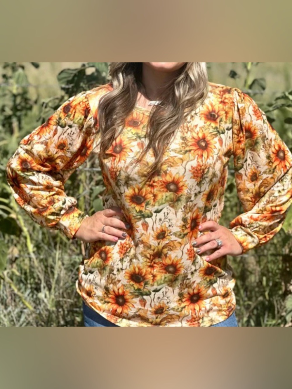 Madison Michelle Light Blue Sunflower Tie-Neck Blouse